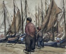 Frederic Stuart Richardson (Staithes Group 1855-1934): Figures on a Dutch Waterfront