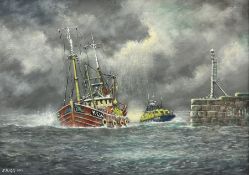 Jack Rigg (British 1927-): 'The Escort' - Lifeboat following a Kirkcaldy Trawler back to Harbour