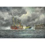 Jack Rigg (British 1927-): 'The Escort' - Lifeboat following a Kirkcaldy Trawler back to Harbour