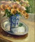 Iris Collett (British 1938-): Still Life of Flowers in a Blue Jug