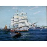 Wilfred Knox (AKA A D Bell) (British 1884-1966): Steam and Tall Ship in Port