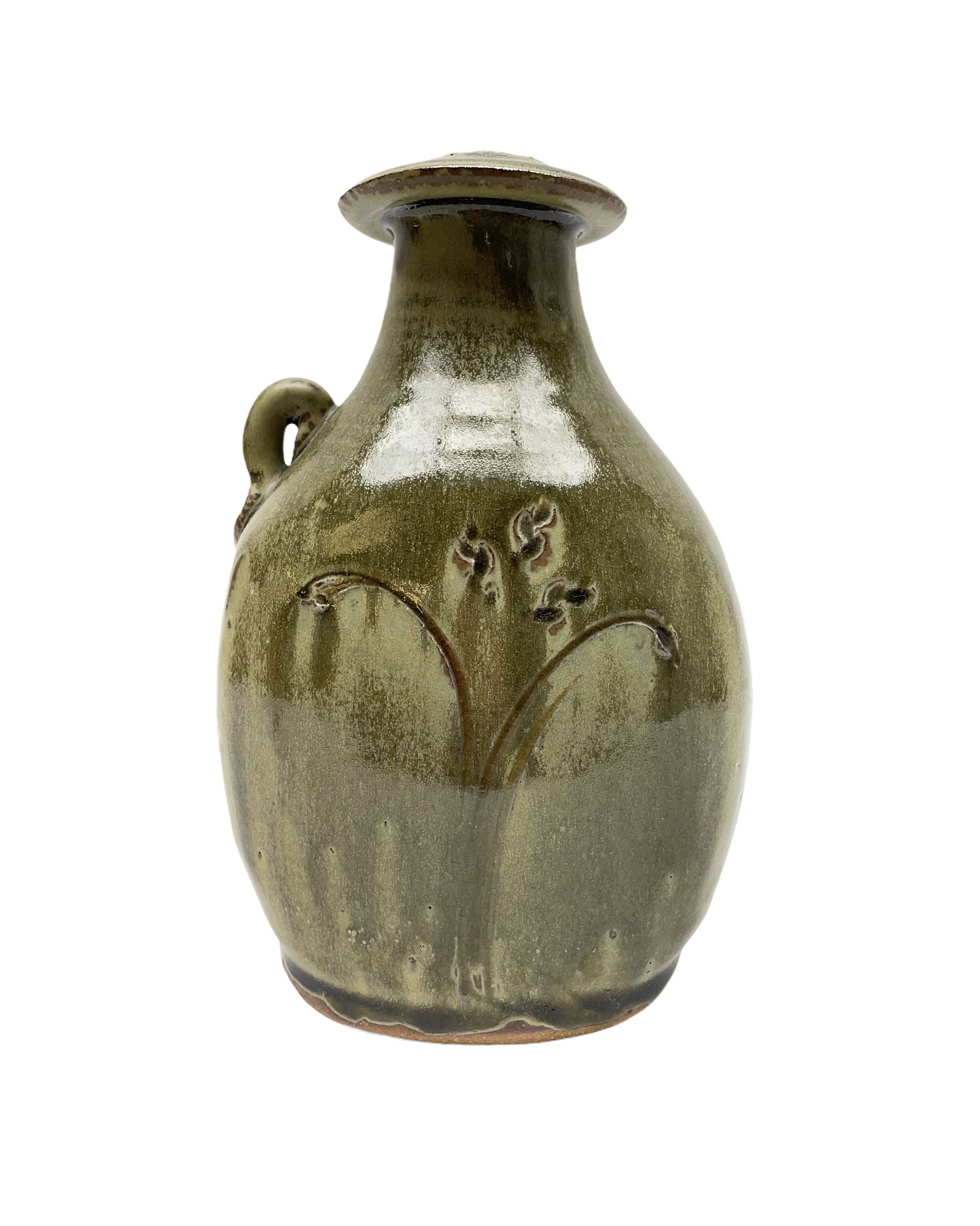 Jim Malone (British 1946-): Stoneware flask with trailing green glaze