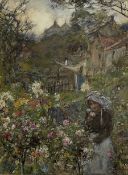 Rowland Henry Hill (Staithes Group 1873-1952): Girl Picking Roses in a Garden at Runswick Bay