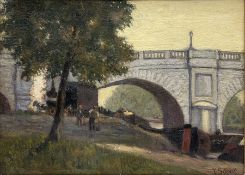F Schwab (19th/20th century): City Bridge with Workmen by the Riverside