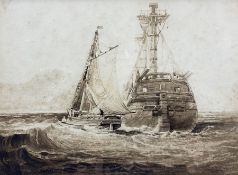 Attrib. Samuel Prout (British 1783-1852): 'The Indiaman and Thames Sailing Barge'