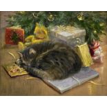 Iris Collett (British 1938-): Cat and Teddy Bear under the Christmas Tree