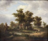 Norwich School (Early 19th century): Wooded Landscape with Cottages and Figures