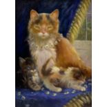 Iris Collett (British 1938-): Cat and Kittens with Daisy Chains