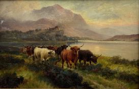 H R Hall (British fl.1866-1902): 'Highland Cattle Loch Ness at Sunset'