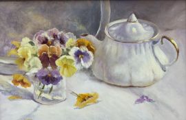 Iris Collett (British 1938-): Still Life of Flowers and a Teapot