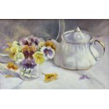 Iris Collett (British 1938-): Still Life of Flowers and a Teapot