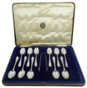 Early 20th century part set of eleven silver teaspoons and pair of sugar tongs