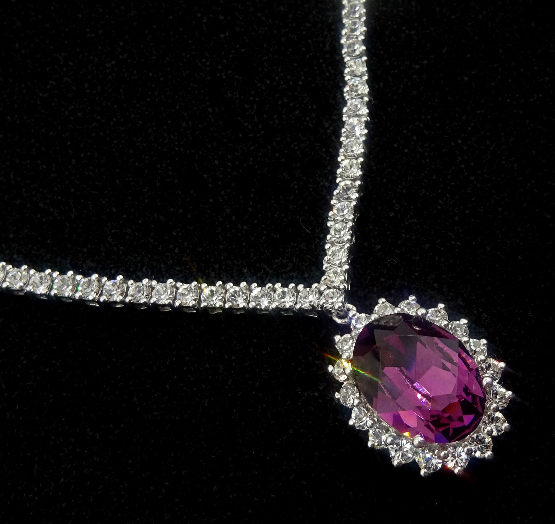 Silver cubic zirconia and purple stone set cluster pendant dress necklace - Image 5 of 5
