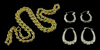 Two pairs of gold hoop earrings and a gold rope twist necklace