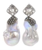 Pair of unusual South Sea pearl and diamond pendant earrings