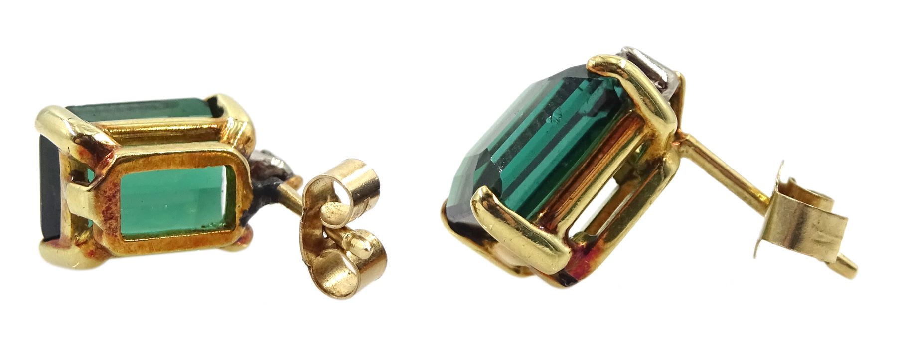 Pair of 14ct gold emerald cut green tourmaline and single stone diamond stud earrings - Image 2 of 2