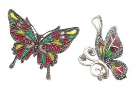 Silver plique-a-jour and marcasite butterfly pendant/brooch and one other similar brooch