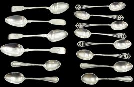 Set of six George V silver teaspoons with tapering and part pierced stems