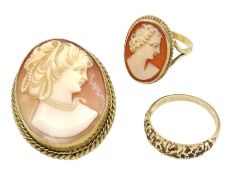 Gold cameo bring and similar brooch and a gold textured design ring