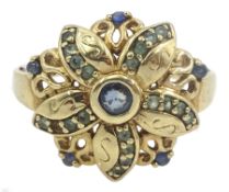 Gold sapphire and green amethyst flower design cluster ring