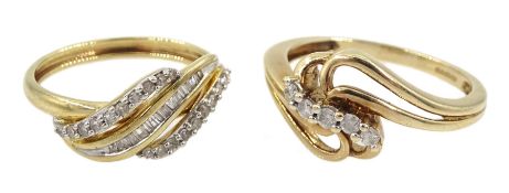 Gold baguette and round brilliant cut diamond crossover ring and one other five stone diamond crosso