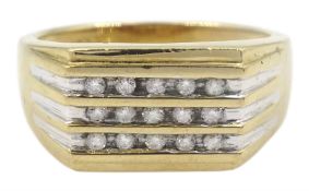 9ct gold three row channel set round brilliant cut diamond signet ring