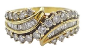 9ct gold baguette and round brilliant cut diamond crossover dress ring