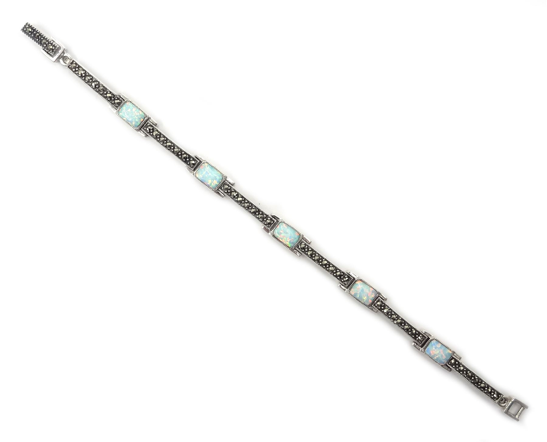 Silver opal and marcasite link bracelet - Image 2 of 3