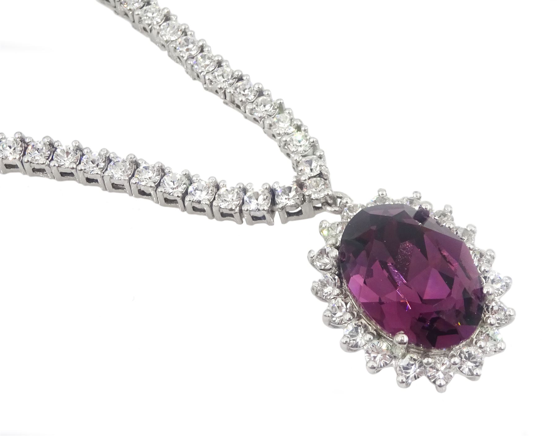 Silver cubic zirconia and purple stone set cluster pendant dress necklace - Image 3 of 5