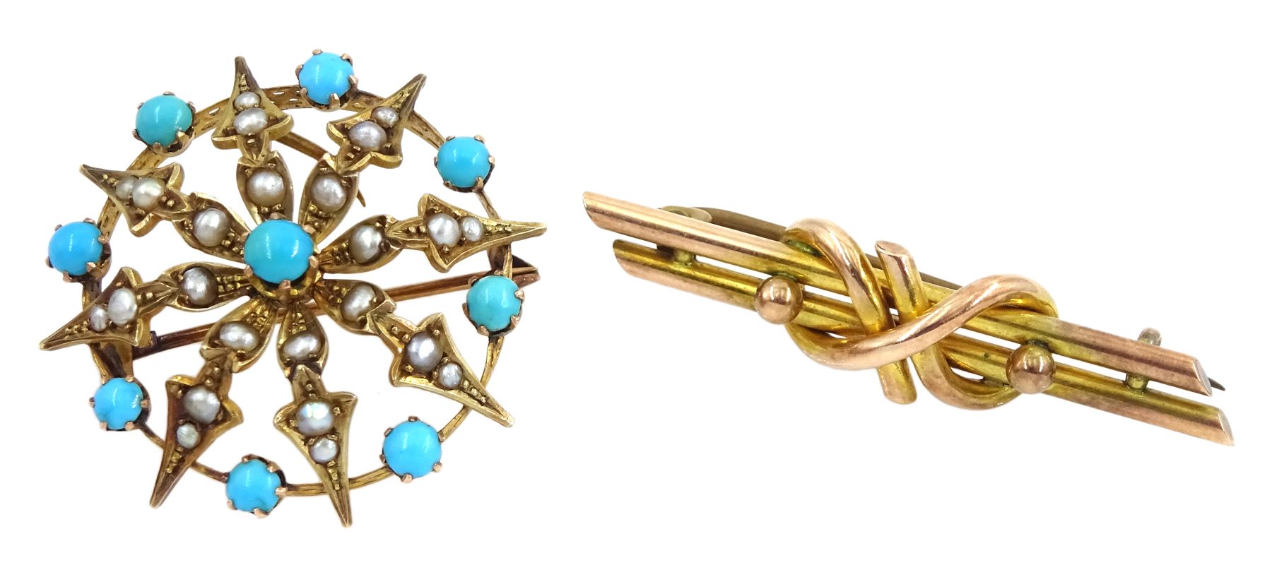 Victorian 9ct gold turquoise and pearl star circular brooch and a gold crossover bar brooch