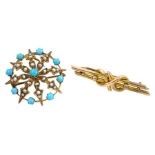 Victorian 9ct gold turquoise and pearl star circular brooch and a gold crossover bar brooch