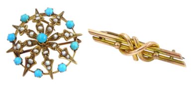 Victorian 9ct gold turquoise and pearl star circular brooch and a gold crossover bar brooch