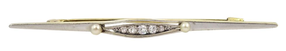 Early 20th century gold and platinum five stone graduating old cut diamond and pearl brooch