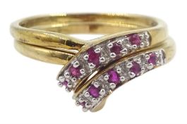 Two 9ct gold round ruby crossover rings