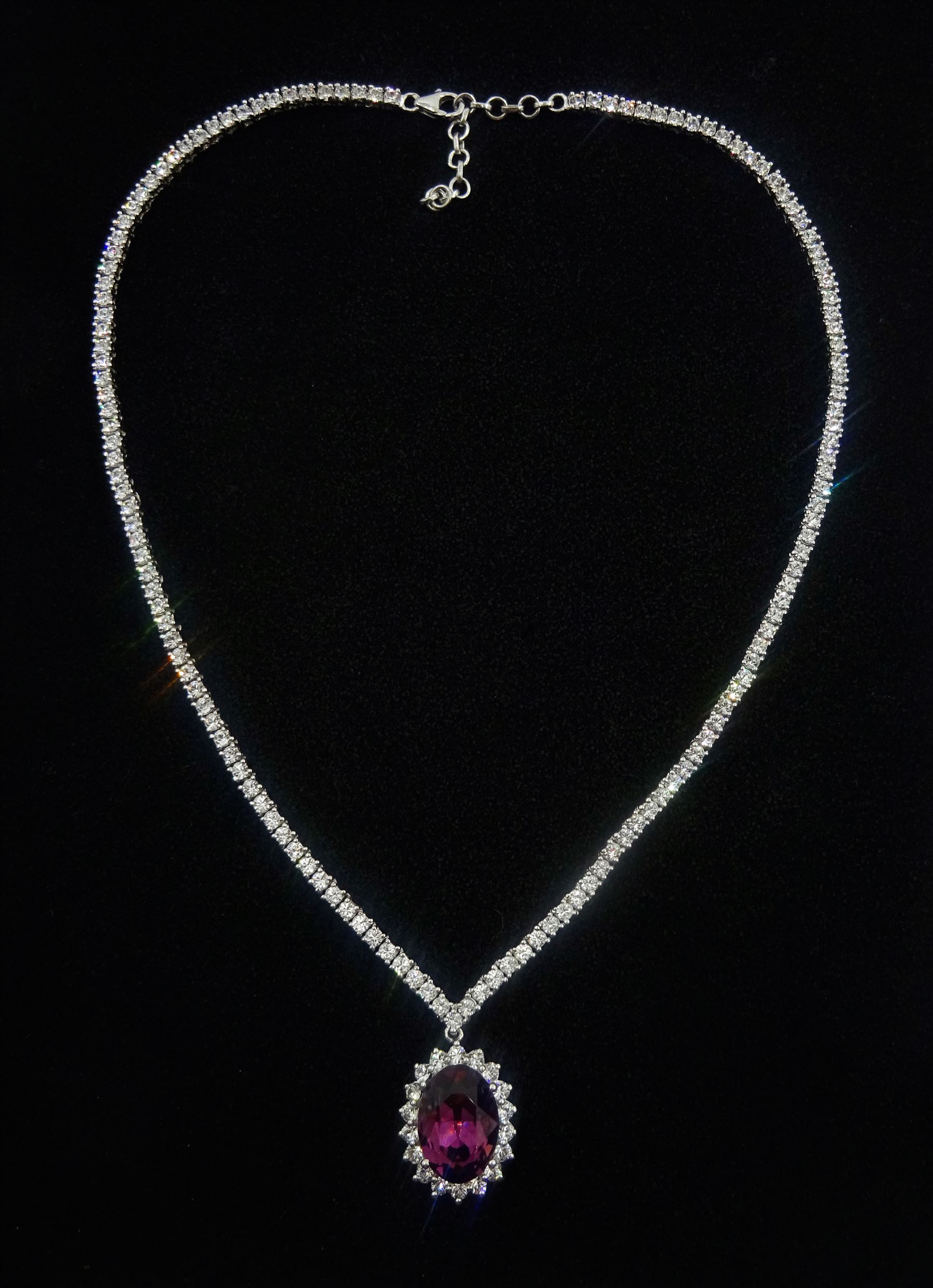 Silver cubic zirconia and purple stone set cluster pendant dress necklace - Image 4 of 5