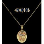 Gold butterfly and flower design locket pendant necklace and a gold sapphire and diamond dress ring