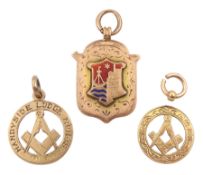 Rose gold enamel 'Scarborough Whist League' fob and two other rose gold Masonic pendant fobs