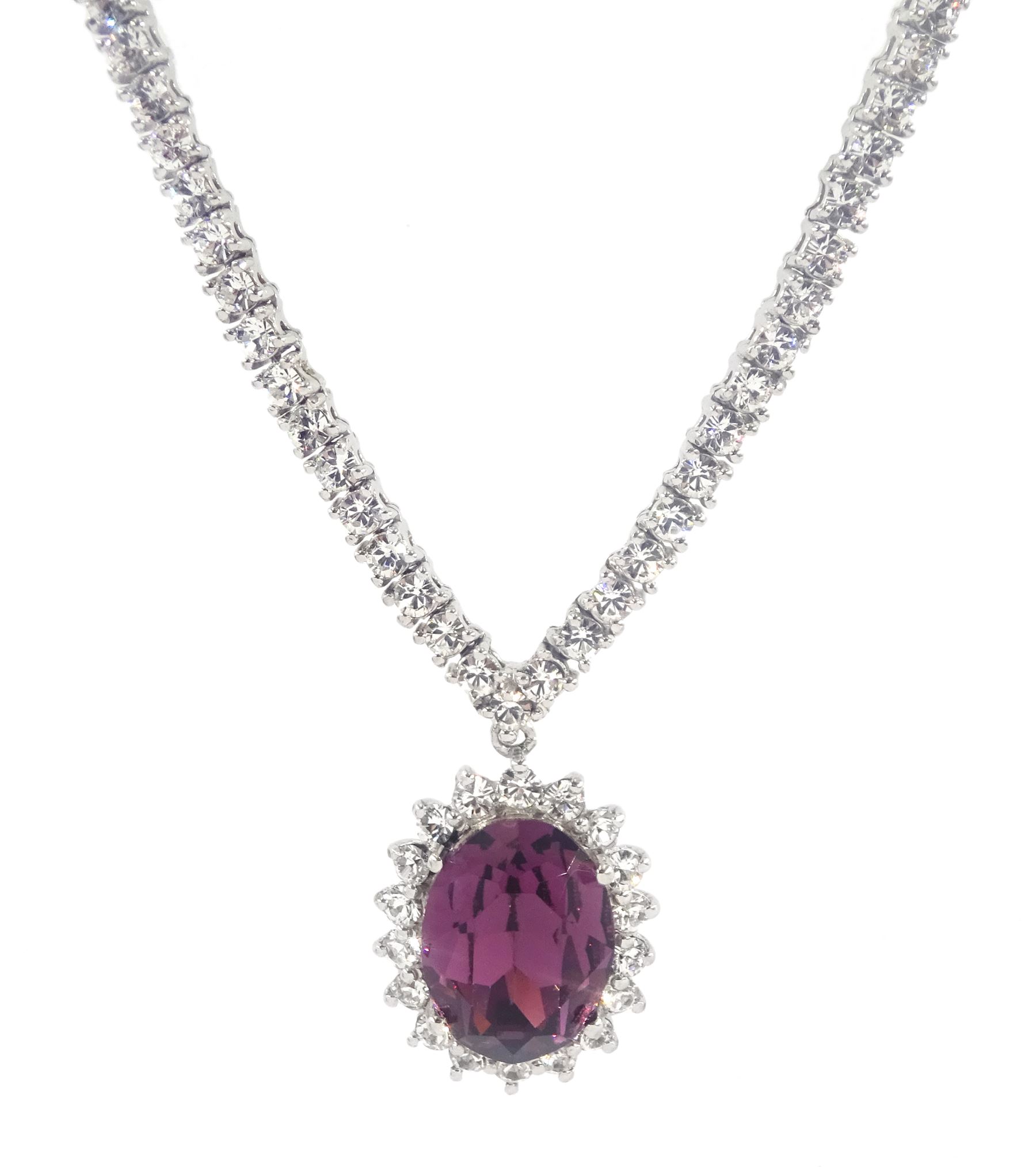 Silver cubic zirconia and purple stone set cluster pendant dress necklace