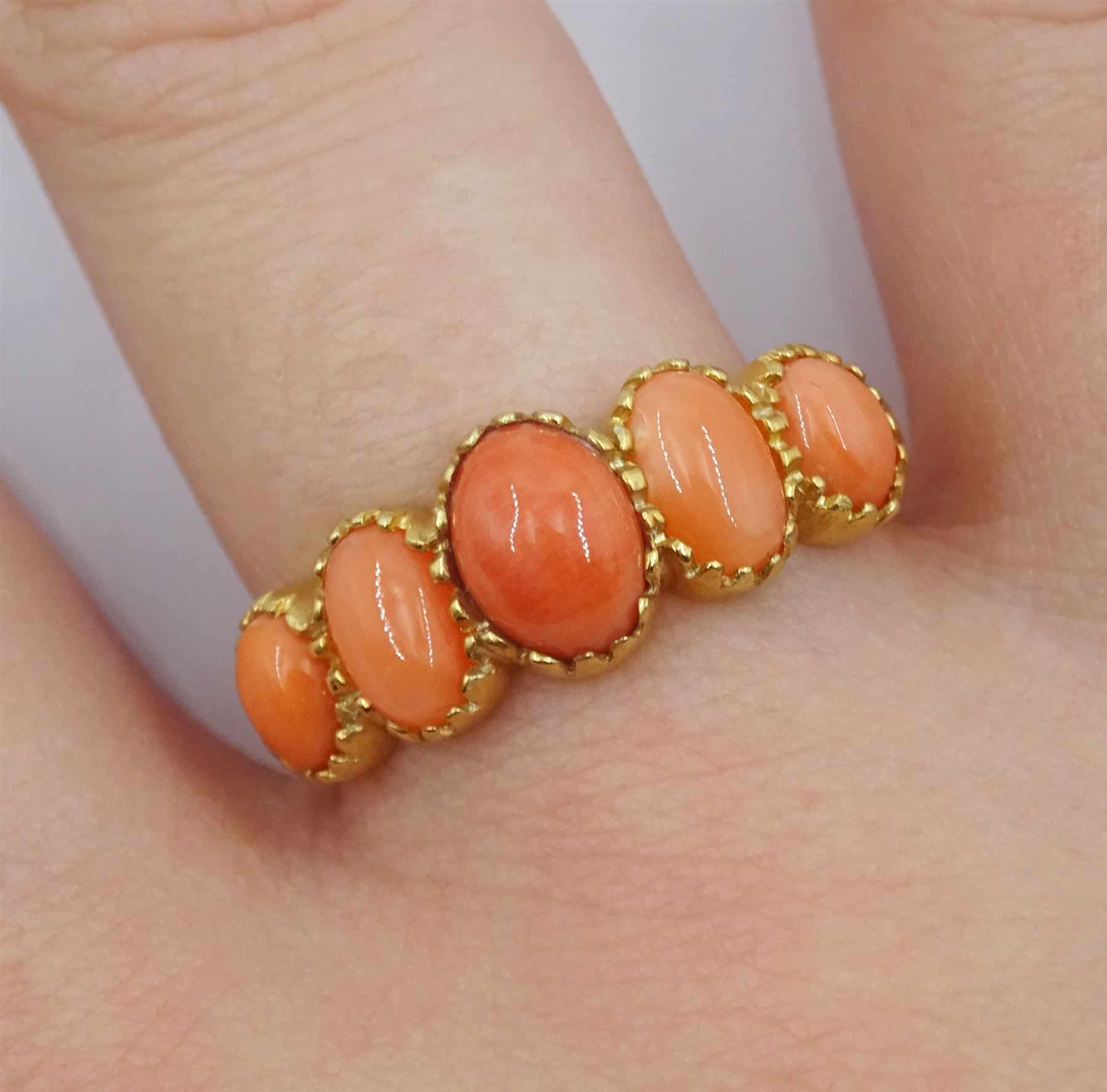 Silver-gilt five stone coral ring - Image 2 of 4