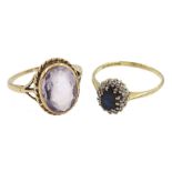 Gold sapphire and diamond chip cluster ring and a single stone oval amethyst ring