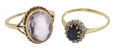 Gold sapphire and diamond chip cluster ring and a single stone oval amethyst ring