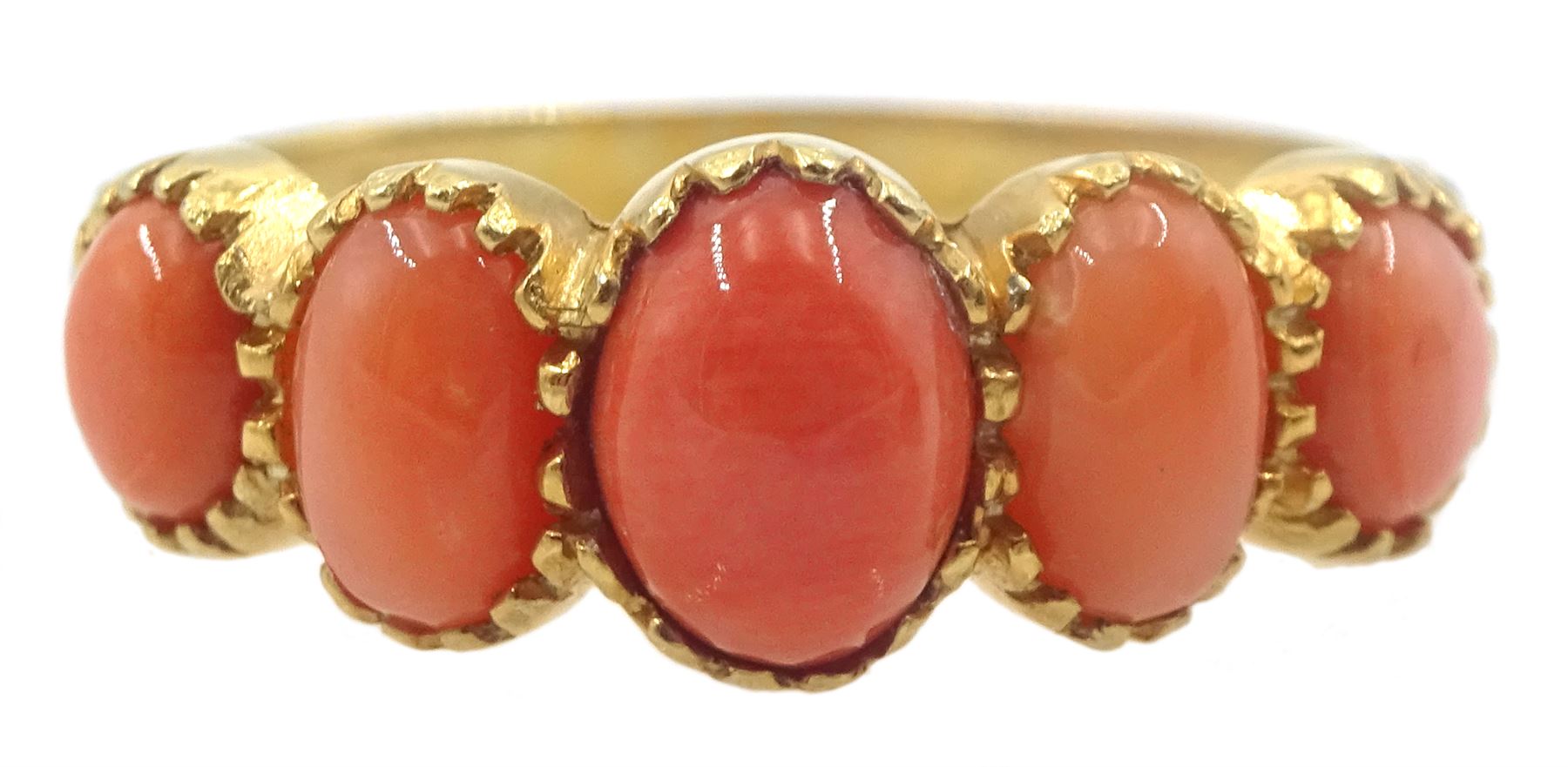 Silver-gilt five stone coral ring