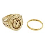 9ct gold Masonic and initialled swivel ring and a 22ct gold wedding band