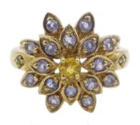 9ct gold tanzanite and single stone citrine flower cluster ring