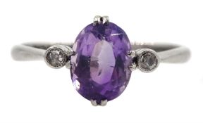 Early 20th century three stone oval amethyst and diamond chip ring
