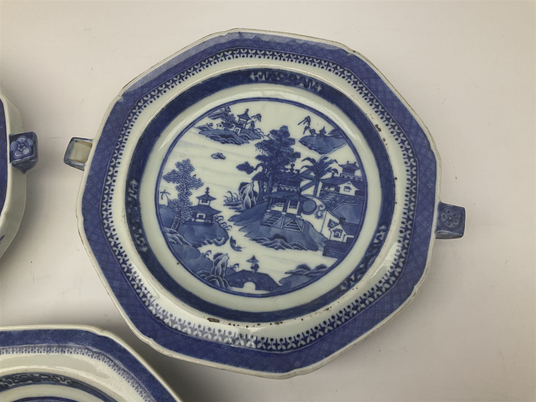 Three late 18th/early 19th century Chinese export hot water plates - Image 5 of 13