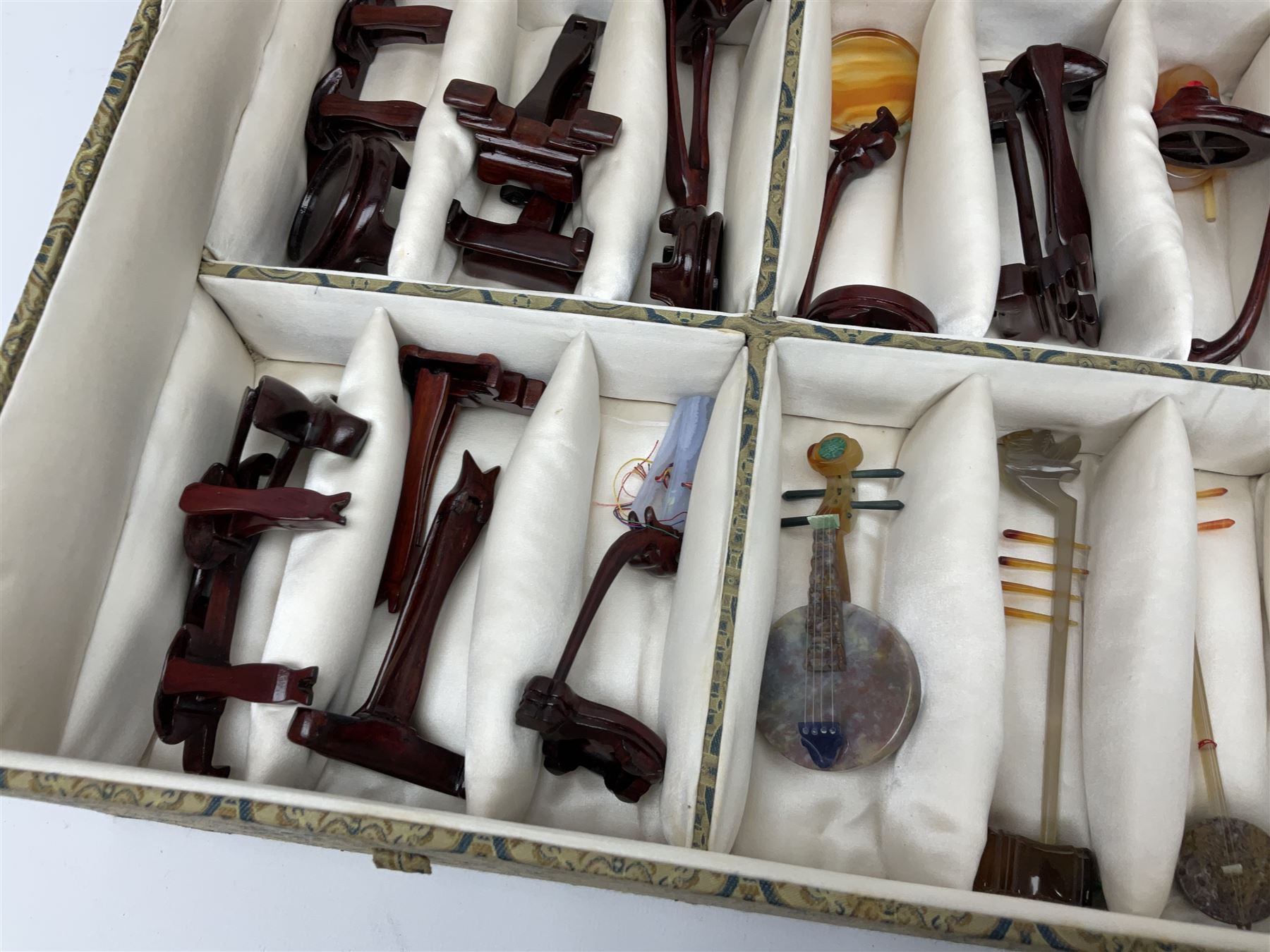 Chinese boxed collection of miniature polished hardstone musical instruments with hardwood stands - Image 8 of 10