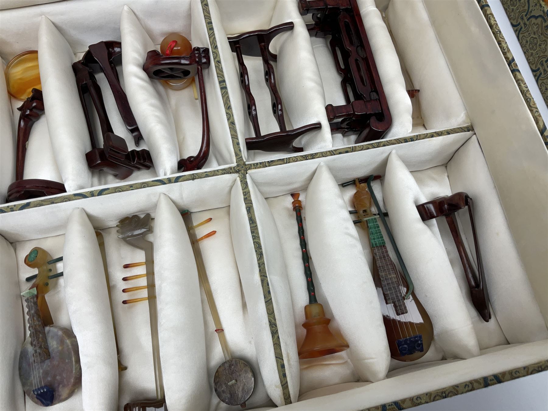 Chinese boxed collection of miniature polished hardstone musical instruments with hardwood stands - Image 9 of 10