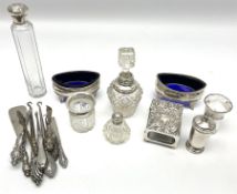 Pair of Georgian silver navette shaped salts with blue glass liners