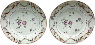 Pair of 18th century famille rose Chinese glazed porcelain plates with floral and foliate decoration